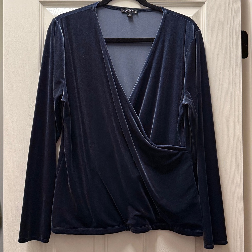 J. Crew Long Sleeve Velvet Faux Wrap Top Blue Sz XL